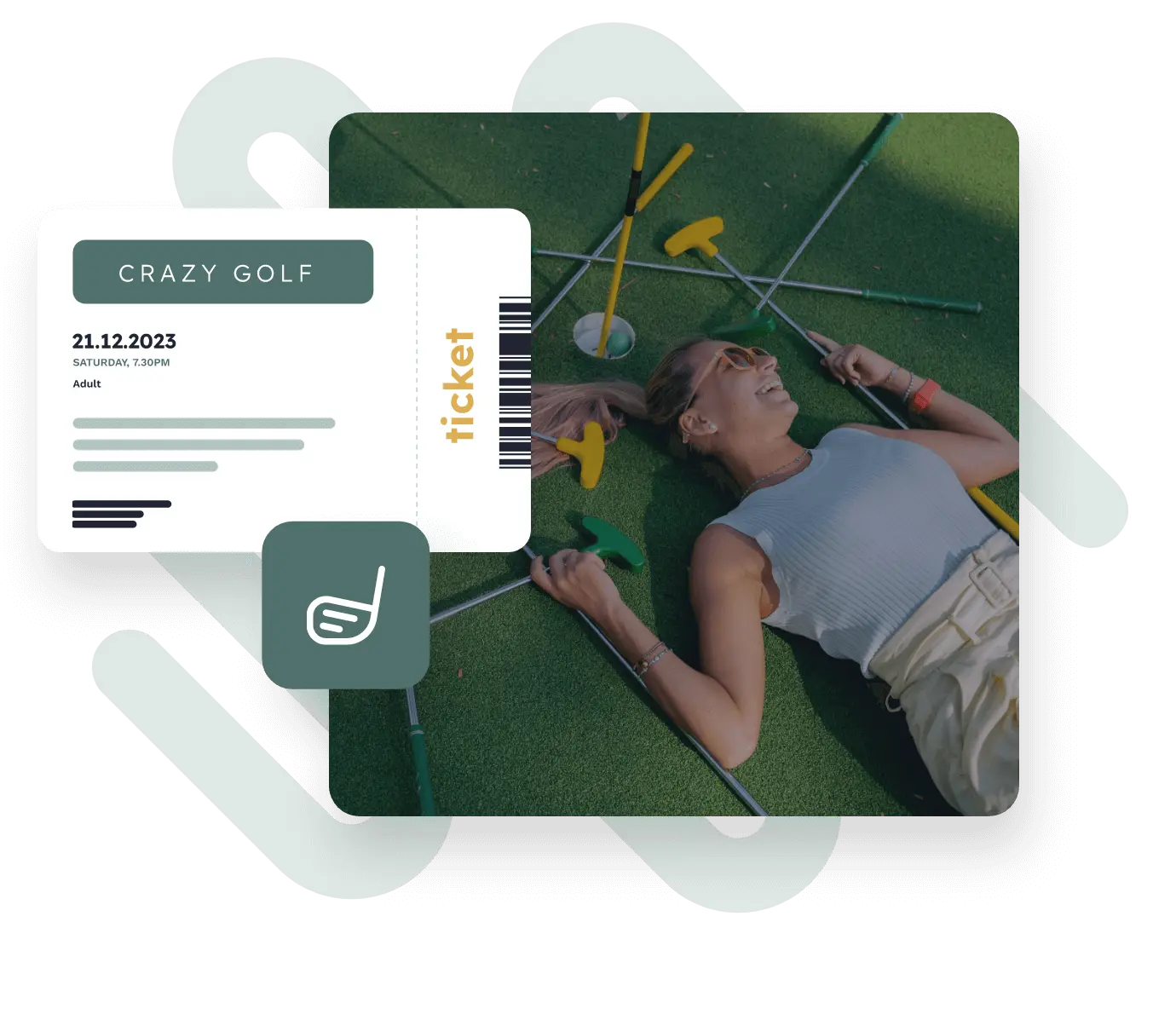 crazy golf ticket above a photo of a woman lying on the golf green with clubs around her